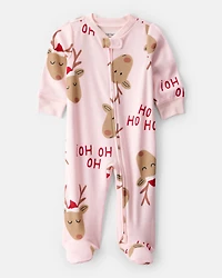 Baby Girl Reindeer 100% Cotton Snug Fit 2-Way Zip Sleep & Play Pajamas - Pink