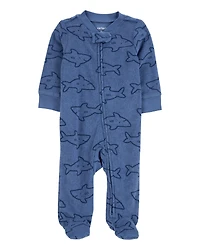 Baby Shark Print 2-Way Zip Terry Sleep & Play Pajamas - Navy