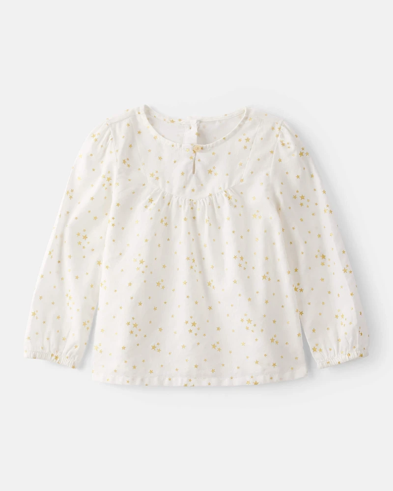 Toddler Girl Star Print Cotton Long-Sleeve Top - White