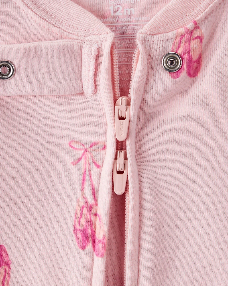 Baby Girl Ballet Print 100% Cotton Long-Sleeve 2-Way Zip 1-Piece Pajamas - Pink