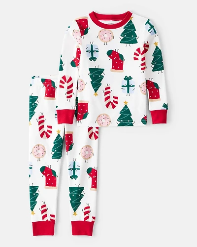 Toddler Festive Friends Santa Christmas 100% Cotton Long-Sleeve Snug Fit 2-Piece Pajamas - White