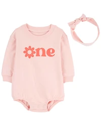 Baby Girl 2-Piece Birthday Bubble & Headwrap Set - Pink