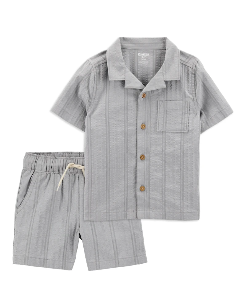 Baby 2-Piece Seersucker Button-Down Shirt & Drawstring Shorts Set - Grey
