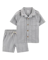 Baby 2-Piece Seersucker Button-Down Shirt & Drawstring Shorts Set - Grey