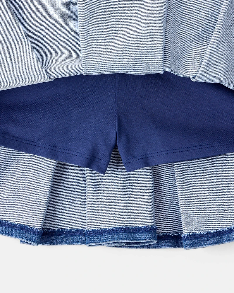 Kid Pull-On Pleated Denim Skort - 70s Blue Wash