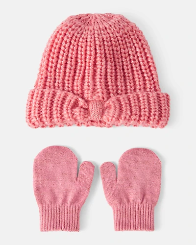 Toddler Girl 2-Piece  Shimmer Winter Hat & Mittens - Pink