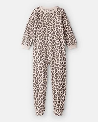Girls Leopard Print Fleece Long-Sleeve Loose Fit 1-Piece Pajamas -Brown