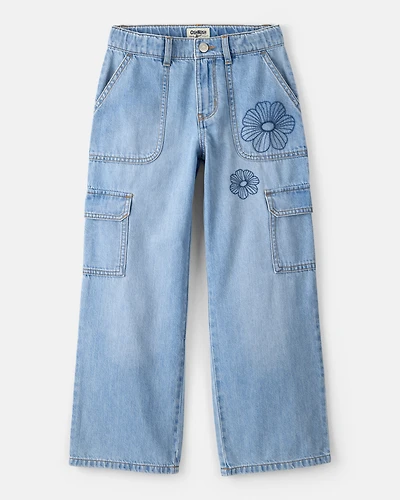 Girls High-Rise Denim Cargo Jeans - Blue