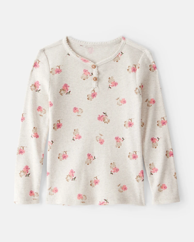 Toddler Girl Floral Print Cotton Long-Sleeve Henley Top - Cream