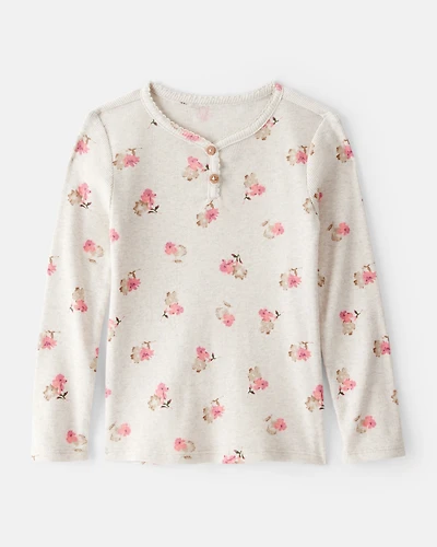 Toddler Girl Floral Print Cotton Long-Sleeve Henley Top - Cream