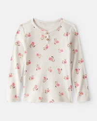 Toddler Girl Floral Print Cotton Long-Sleeve Henley Top - Cream