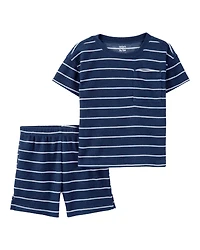 Toddler Boy Striped Loose Fit Waffle Knit 2-Piece Pajamas - Navy
