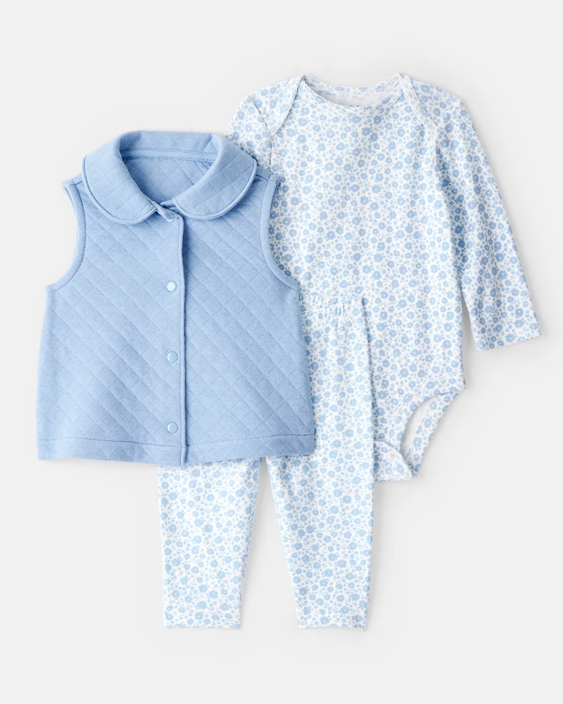 Baby Girl 3-Piece Floral Vest Outfit Set - Blue