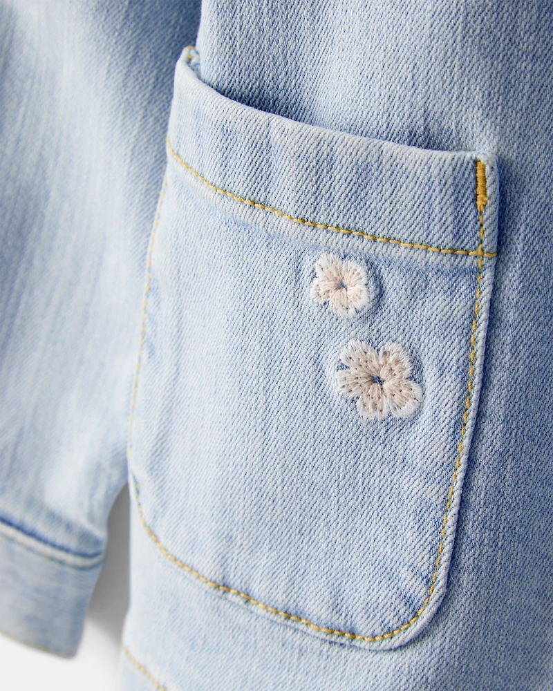 Toddler Girl Flower Embroidered Denim Jacket - Light Wash
