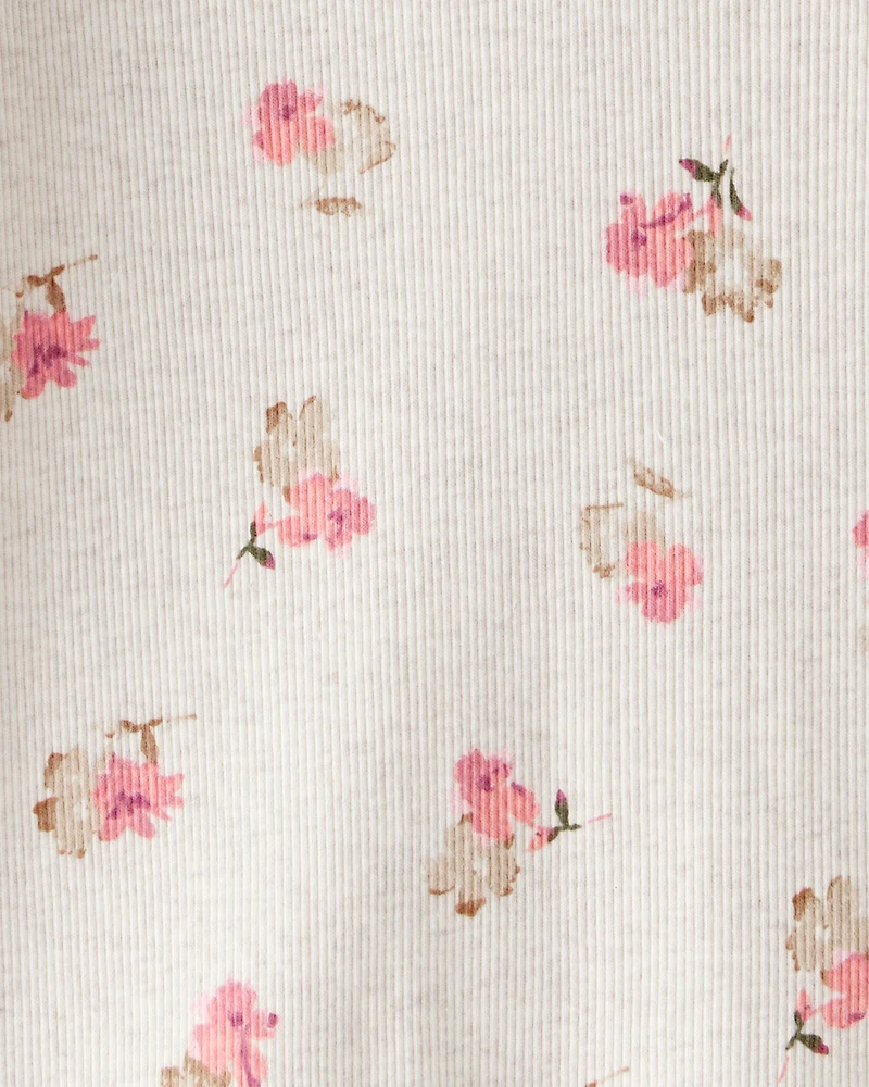 Toddler Girl Floral Print Cotton Long-Sleeve Henley Top - Cream