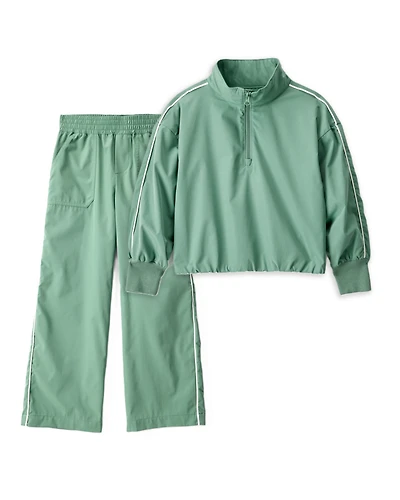 Girls 2-Piece Long-Sleeve Quarter-Zip Windbreaker & Woven Active Pants Set - Green