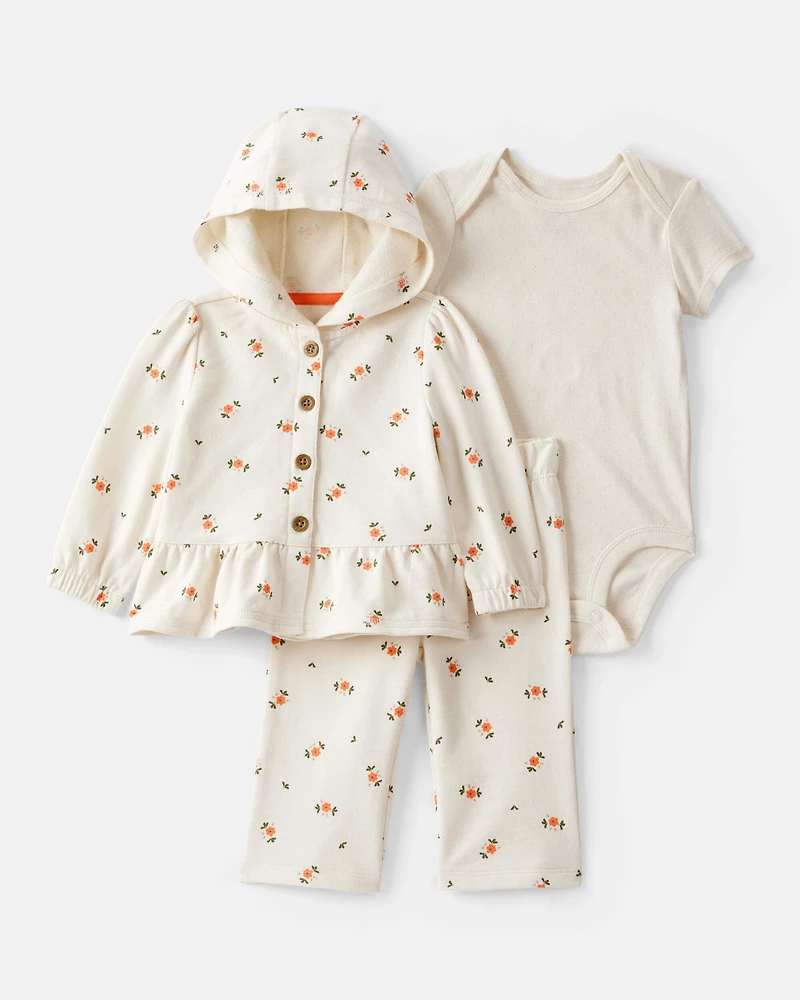Baby Girl 3-Piece Floral French Terry Long-Sleeve Bodysuit & Pant Set - White