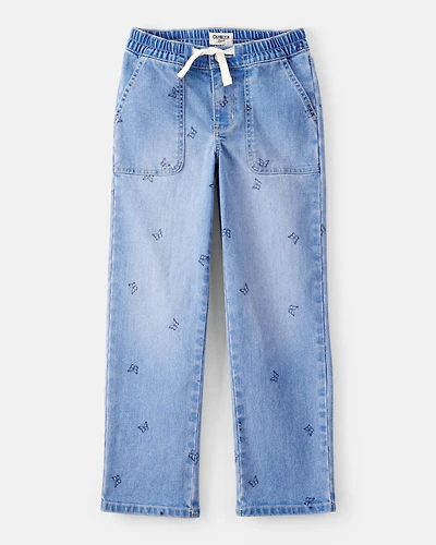 Girls Butterfly Print Denim Pull-On Jeans - Blue
