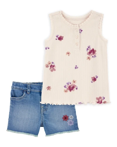 Baby 2-Piece Floral Ribbed Tank Top & Denim Shorts Set - Ivory/Blue