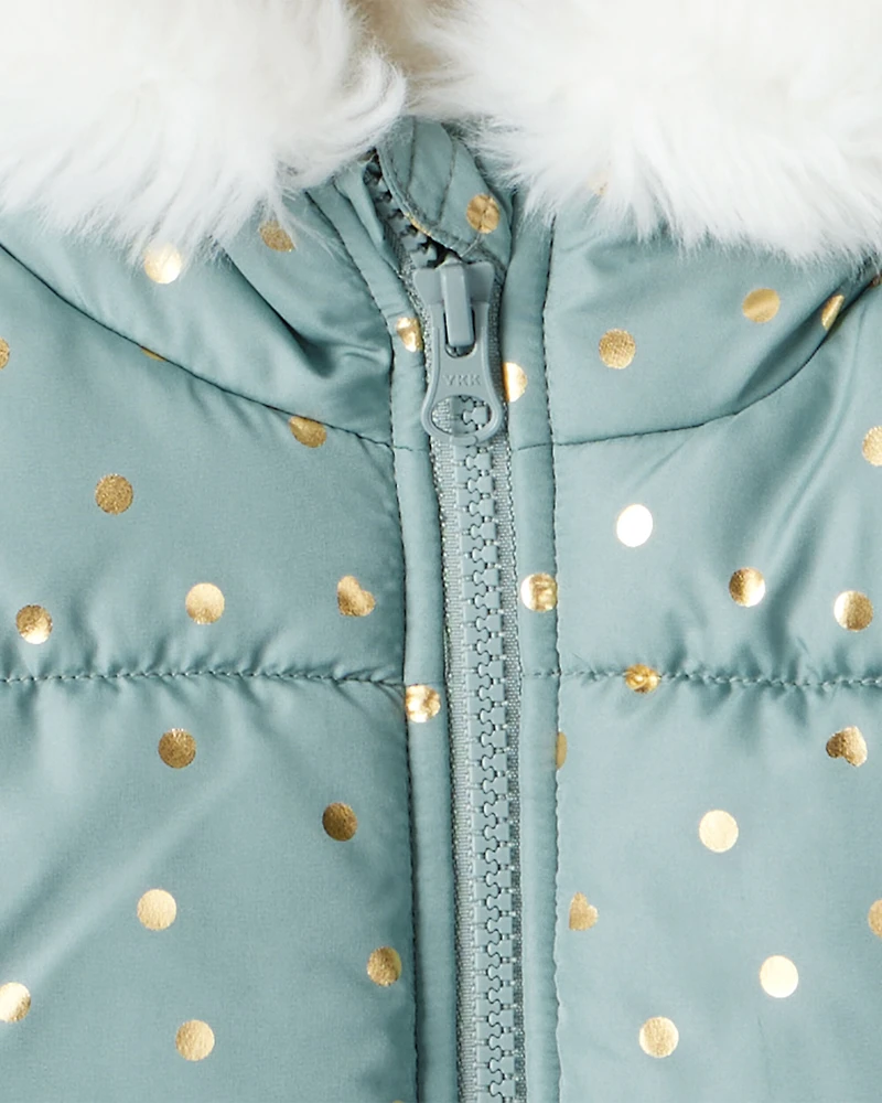 Toddler Girl 2-Piece Polka Dot Hooded Snowsuit Jacket & Bib Set - Green