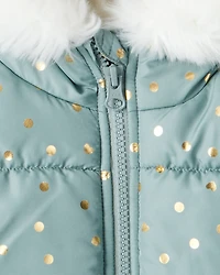 Toddler Girl 2-Piece Polka Dot Hooded Snowsuit Jacket & Bib Set - Green
