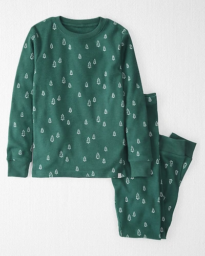 Kid Christmas Tree Print Waffle Knit Pajamas Made with Organic Cotton