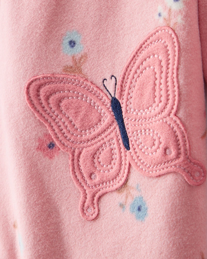 Baby Girl Butterfly & Floral Print Loose Fit Long-Sleeve 2-Way Zip 1-Piece Pajamas - Pink