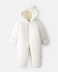 Baby Girl 1-Piece Bear Ears Hooded Pram Snowsuit - Cream