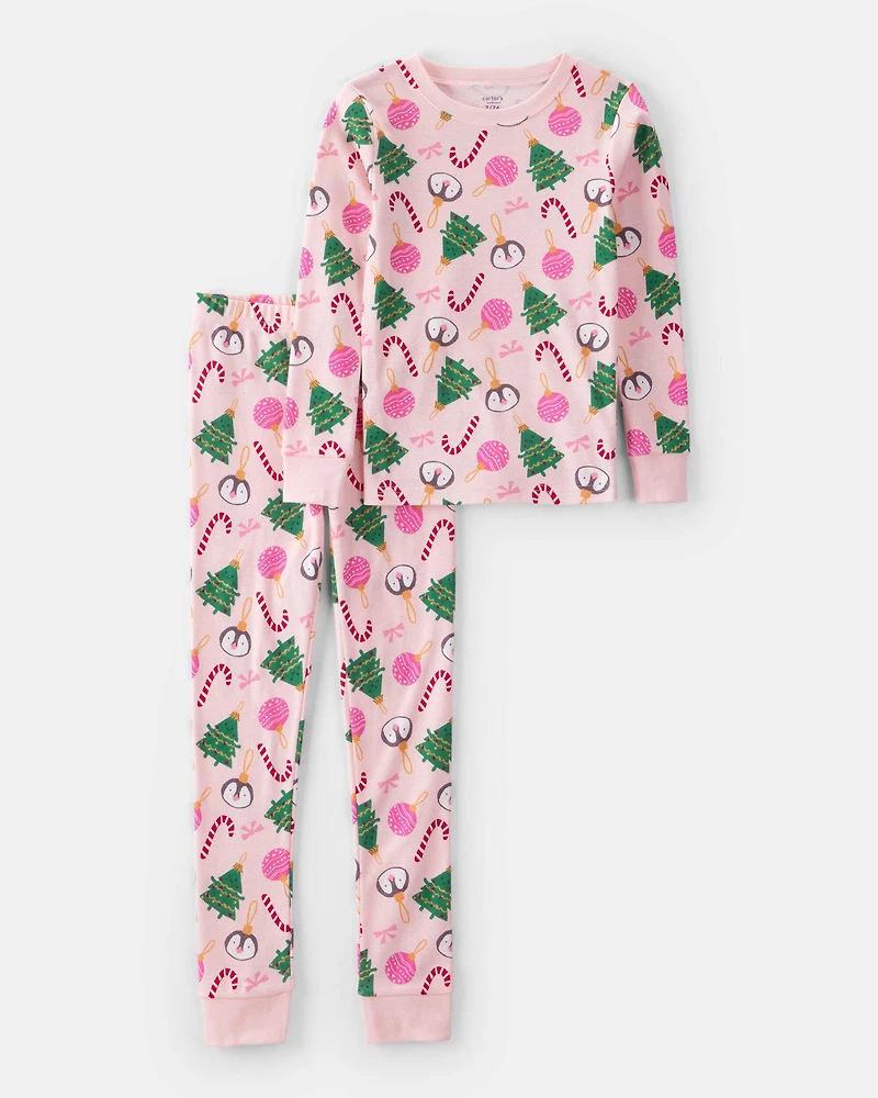 Kid Pink Ornaments 100% Cotton Long-Sleeve Snug Fit 2-Piece Pajamas