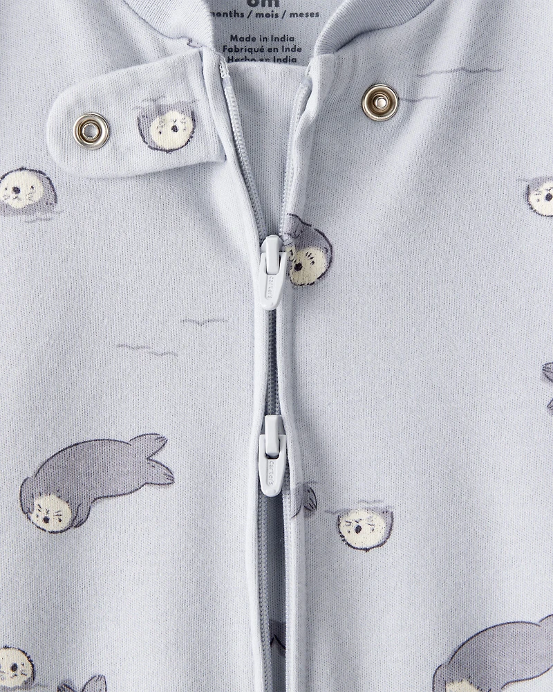Baby Otter Print 100% Cotton Long-Sleeve Snug Fit Sleep & Play Pajamas - Blue