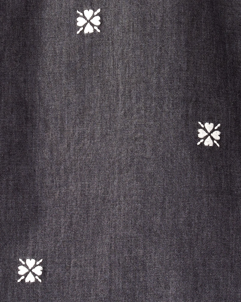 Toddler Girl Floral Motif Chambray Long-Sleeve Dress - Grey