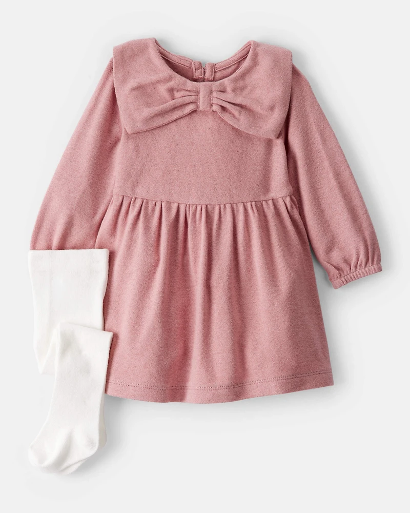 Baby Girl Bow Collor Long-Sleeve Dress Set - White/Pink