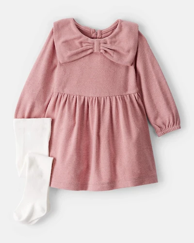 Baby Girl Bow Collor Long-Sleeve Dress Set - White/Pink
