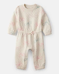 Baby Girl Bow Print Long-Sleeve Jumpsuit - Ivory