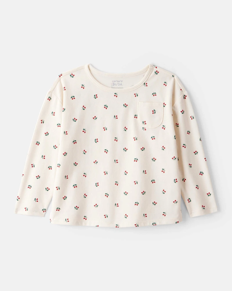 Toddler Girl Holly Berry Print Cotton Long-Sleeve Top - Cream