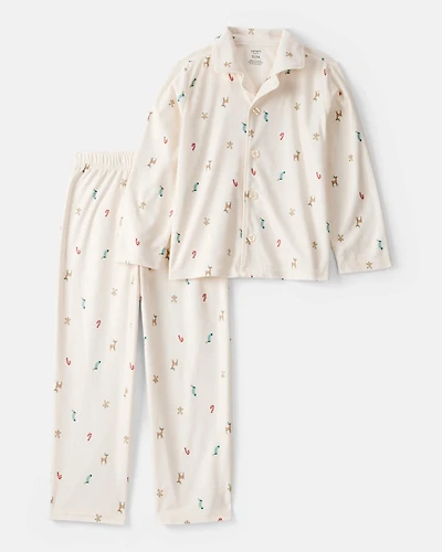 Kid Mini Christmas Fleece Long-Sleeve Loose Fit 2-Piece Pajamas - White
