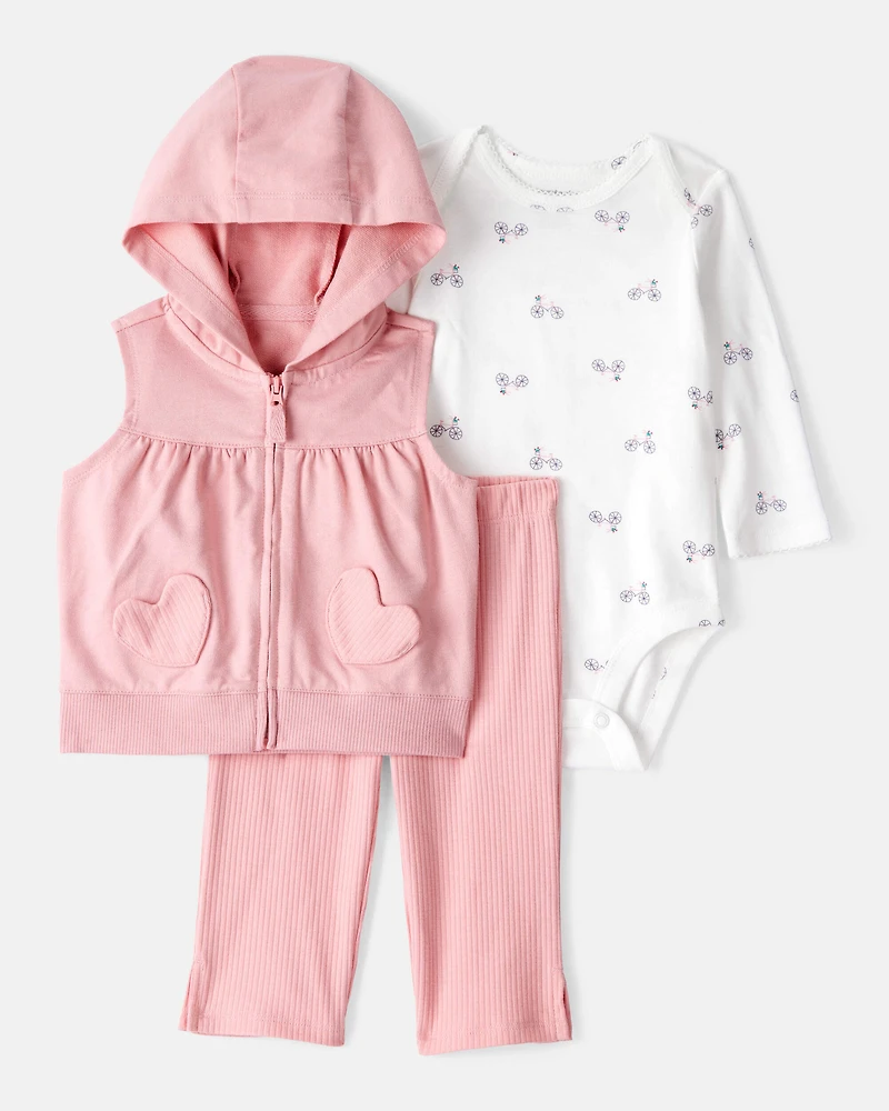Baby Girl 3-Piece Heart Vest Outfit Set - Pink