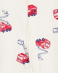 Baby Boy Fire Truck Print 2-Way Zip Cotton Sleep & Play Pajamas - Cream