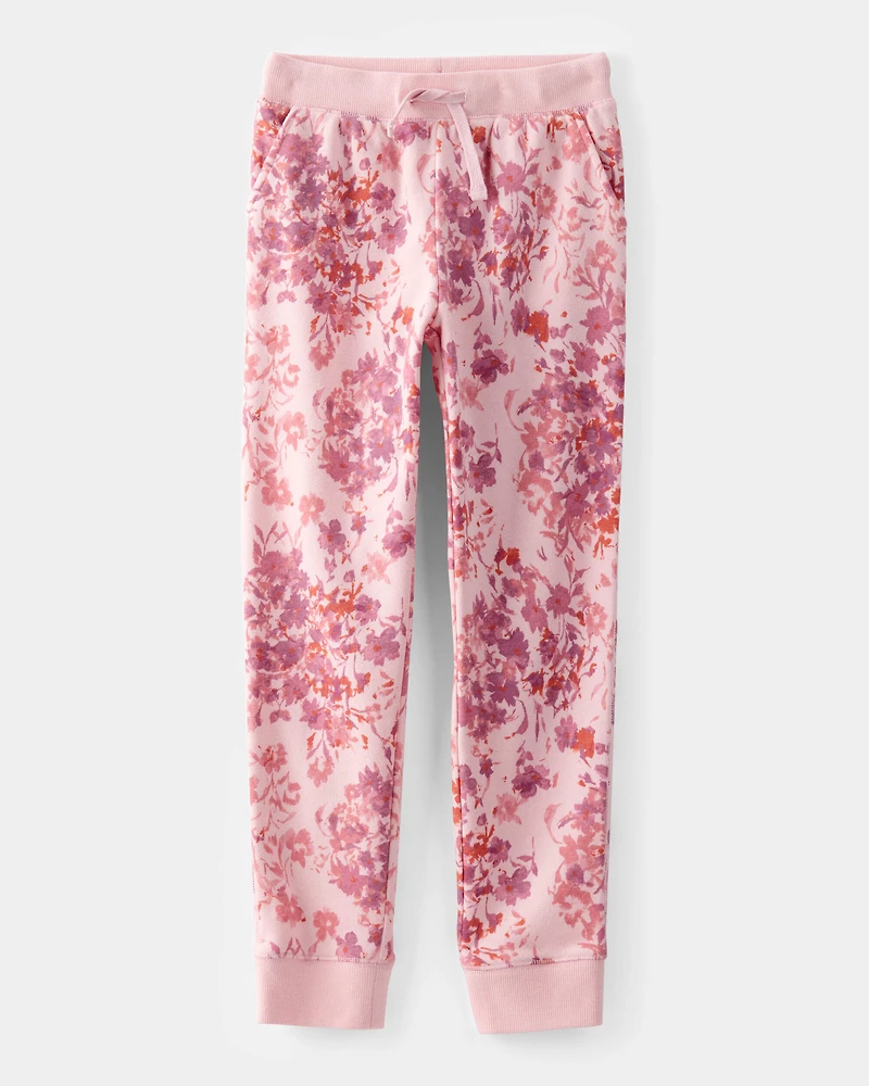 Girls Floral Fleece Drawstring Joggers - Pink