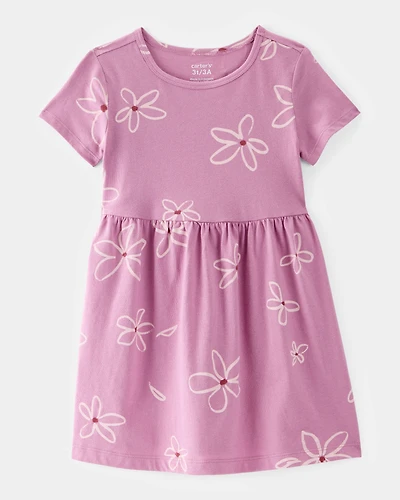Toddler Girl Flower Print Short-Sleeve Knit Dress - Pink