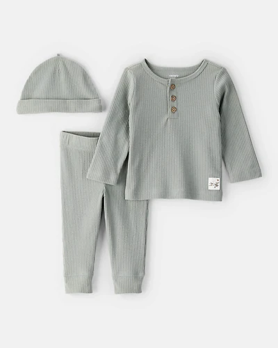 Baby 3-Piece Ribbed Outfit Set - Green
