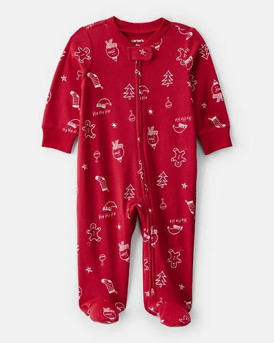 Baby Christmas 100% Cotton Snug Fit 2-Way Zip Sleep & Play Pajamas - Red