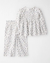 Toddler Girl 2-Piece Organic Cotton Crinkled Knit Set in BlueMist Bloom Print