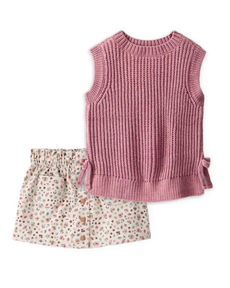 Toddler Girl 2-Piece Sleeveless Sweater Top & Floral Print Cotton Skirt Set - Multi