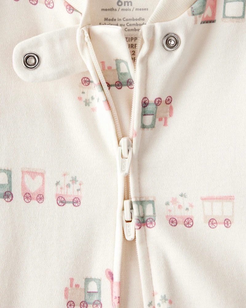 Baby Girl Train Print 100% Cotton Long-Sleeve Snug Fit Sleep & Play Pajamas - Cream