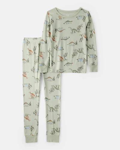Boys Dinosaur Print PurelySoft Long-Sleeve 2-Piece Pajamas - Green