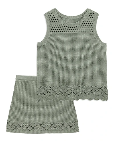 Kid 2-Piece Pointelle Sweater Crochet Knit Tank & Skirt Set - Green
