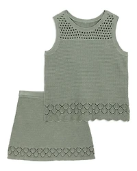 Kid 2-Piece Pointelle Sweater Crochet Knit Tank & Skirt Set - Green
