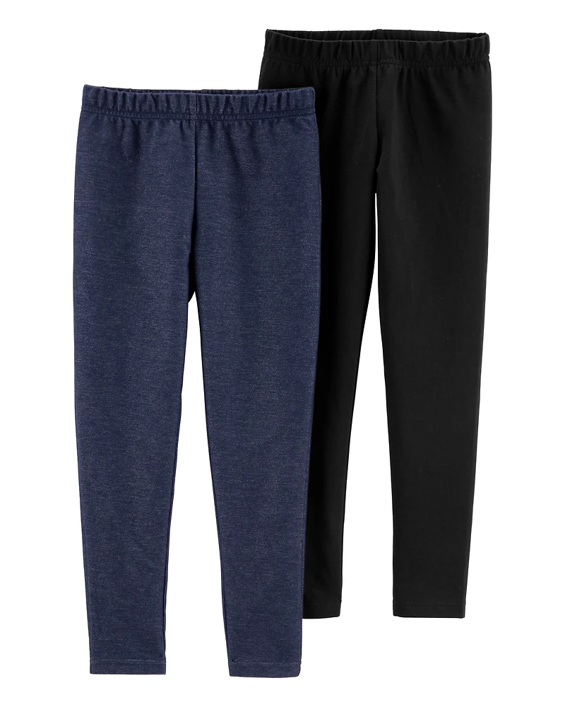 Kid 2-Pack Black & Navy Cotton Stretch Leggings