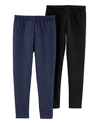 Kid 2-Pack Black & Navy Cotton Stretch Leggings